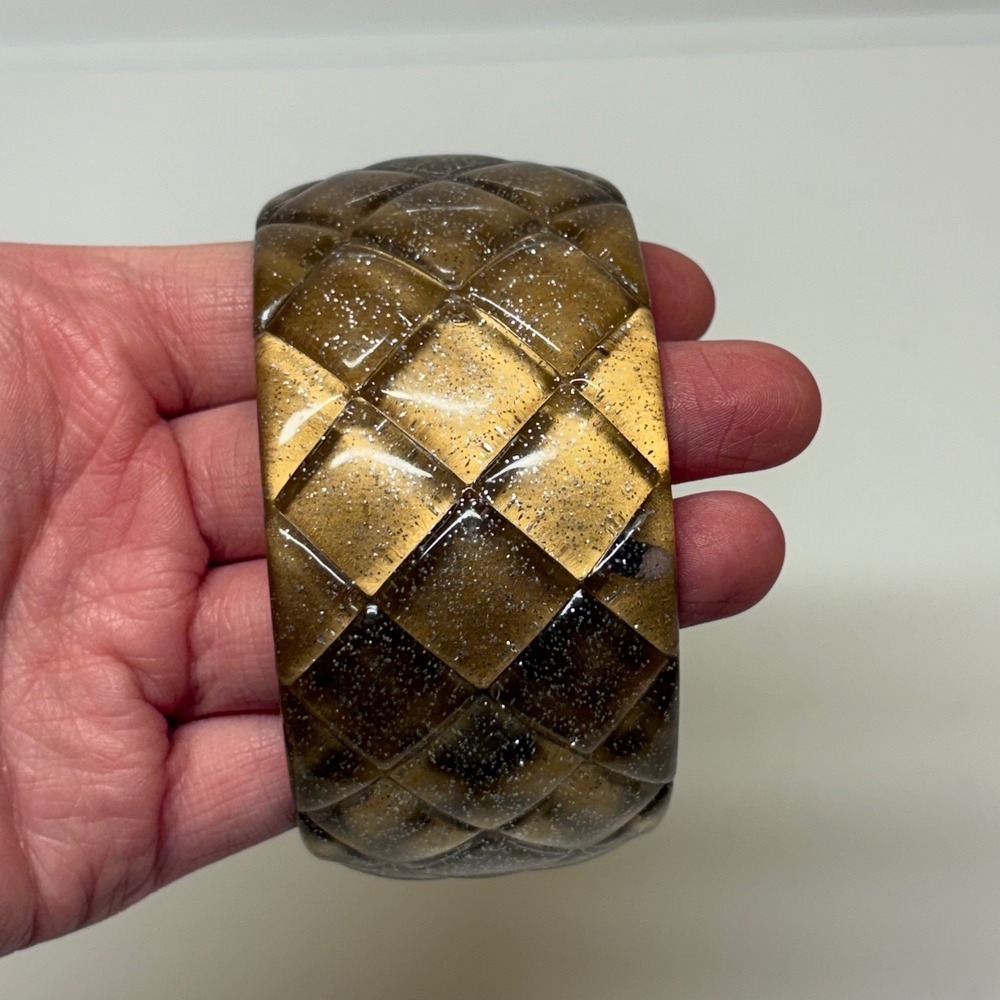 Vintage Style Amber Brown Quilted Resin Bangle Bracelet Glitter Wide Chunky 8"